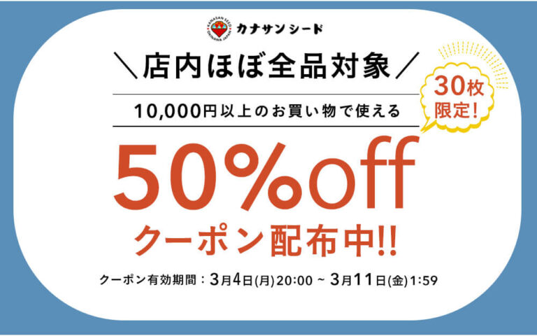 店内ほぼ全品対象 10,000円以上のお買い物で使える50%offクーポン配布中!!